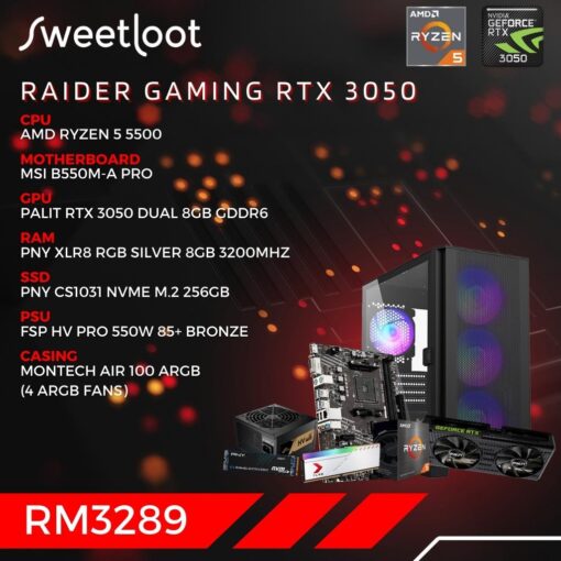 SWEETLOOT Raider Series - AMD Ryzen 5 5500 RTX 3050 8GB RAM Gaming PC Package