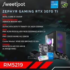 SWEETLOOT Zephyr - Intel 12th Gen Core i5 12400F RTX 3070 Ti Gaming PC Package
