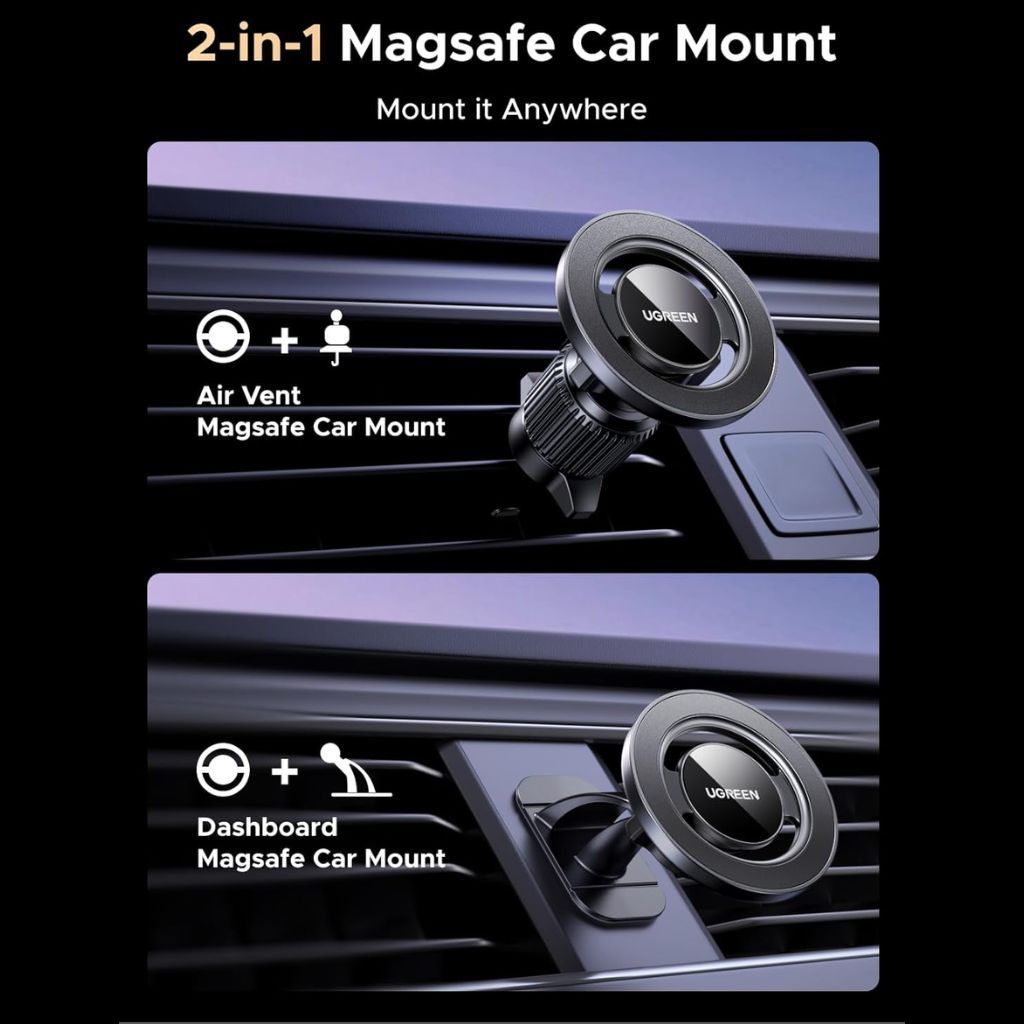 UGREEN 2-in-1 Air Vent Dashboard Magsafe Car Phone Mount - Image 2